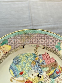 A fine Chinese famille rose ruby-back eggshell plate with a lady and playing boys, Yongzheng