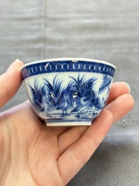 A rare Chinese blue and white 'Dames au Parasol' cup and saucer after Cornelis Pronk, Qianlong, ca. 1738