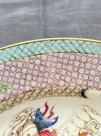 A fine Chinese famille rose ruby-back eggshell plate with a lady and playing boys, Yongzheng