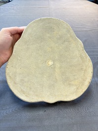 An extremely rare inscribed Chinese Canton famille rose trefoil tray, Qing, dated 1879