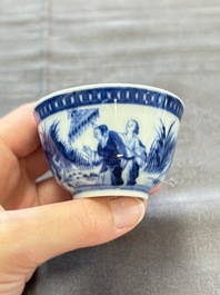 A rare Chinese blue and white 'Dames au Parasol' cup and saucer after Cornelis Pronk, Qianlong, ca. 1738