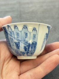 A Chinese blue and white 'Rotterdam Riot' cup and saucer, jade mark, Kangxi