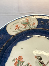 A pair of fine Chinese famille verte powder-blue-ground 'bird on branch' plates, Kangxi