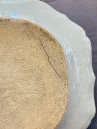 A pair of Chinese famille rose 'pseudo-tobacco leaf' dishes and a saucer, Qianlong