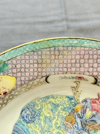 A fine Chinese famille rose ruby-back eggshell plate with a lady and playing boys, Yongzheng