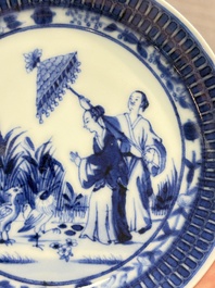 A rare Chinese blue and white 'Dames au Parasol' cup and saucer after Cornelis Pronk, Qianlong, ca. 1738