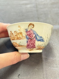 A varied collection of three Chinese famille rose 'mythological subject' cups and two saucers, Qianlong