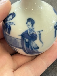 A fine Chinese blue and white miniature bottle vase with two ladies in a garden, jade 玉 mark, Kangxi