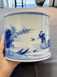 A fine Chinese blue and white 'fishermen and poem' bitong, Shang 賞 seal mark, Kangxi