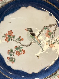 A pair of fine Chinese famille verte powder-blue-ground 'bird on branch' plates, Kangxi