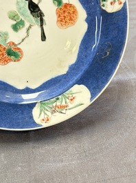 A pair of fine Chinese famille verte powder-blue-ground 'bird on branch' plates, Kangxi