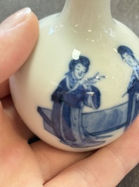 A fine Chinese blue and white miniature bottle vase with two ladies in a garden, jade 玉 mark, Kangxi
