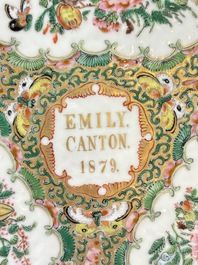 An extremely rare inscribed Chinese Canton famille rose trefoil tray, Qing, dated 1879