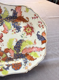 A pair of Chinese famille rose 'pseudo-tobacco leaf' dishes and a saucer, Qianlong