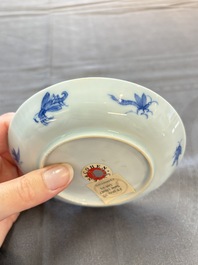 A rare Chinese blue and white 'Dames au Parasol' cup and saucer after Cornelis Pronk, Qianlong, ca. 1738