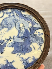A fine and rare Chinese blue and white 'Shoulao' plaque with wooden mount, Wanli