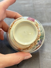 A varied collection of three Chinese famille rose 'mythological subject' cups and two saucers, Qianlong