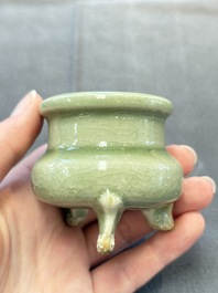 A rare and small Chinese Yaozhou celadon-glazed tripod censer, Jin