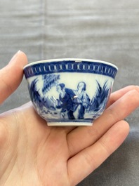 A rare Chinese blue and white 'Dames au Parasol' cup and saucer after Cornelis Pronk, Qianlong, ca. 1738