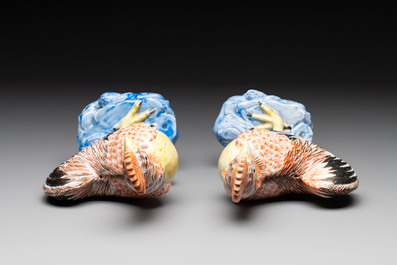 * A pair of Chinese polychrome-glazed models of roosters, 18/19th C.