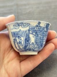 A Chinese blue and white 'Rotterdam Riot' cup and saucer, jade mark, Kangxi