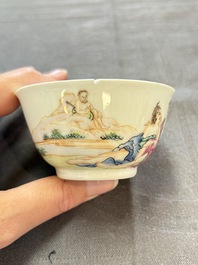 A varied collection of three Chinese famille rose 'mythological subject' cups and two saucers, Qianlong