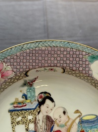 A fine Chinese famille rose ruby-back eggshell plate with a lady and playing boys, Yongzheng