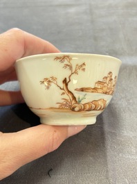 A varied collection of three Chinese famille rose 'mythological subject' cups and two saucers, Qianlong
