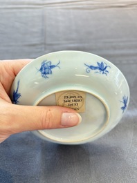 A rare Chinese blue and white 'Dames au Parasol' cup and saucer after Cornelis Pronk, Qianlong, ca. 1738