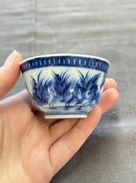 A rare Chinese blue and white 'Dames au Parasol' cup and saucer after Cornelis Pronk, Qianlong, ca. 1738