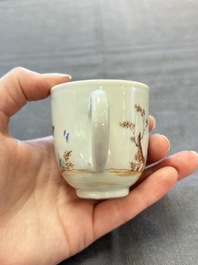 A varied collection of three Chinese famille rose 'mythological subject' cups and two saucers, Qianlong