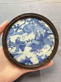 A fine and rare Chinese blue and white 'Shoulao' plaque with wooden mount, Wanli