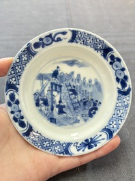 A Chinese blue and white 'Rotterdam Riot' cup and saucer, jade mark, Kangxi