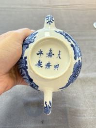 A Chinese blue and white 'antiquities' teapot and cover, Jiajing mark, Kangxi