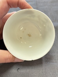 A varied collection of three Chinese famille rose 'mythological subject' cups and two saucers, Qianlong