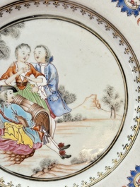 A fine pair of Chinese famille rose 'Autumn' plates with troubadours, Qianlong