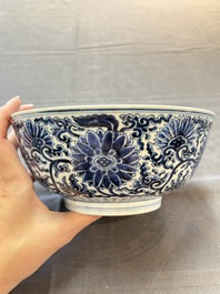 A Chinese blue and white 'lotus scroll' bowl, Xuande mark, Kangxi