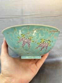 A Chinese turquoise-ground grisaille-decorated Dayazhai-style bowl and a libation cup, Yong Qing Chang Chun 永慶長春 mark, 19th C.