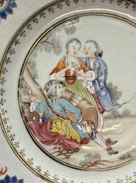 A fine pair of Chinese famille rose 'Autumn' plates with troubadours, Qianlong