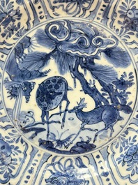 A Chinese blue and white 'deer and pine tree' plate, Wanli