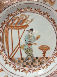 A rare Chinese polychrome 'Commedia dell'arte' 'South Sea Bubble' plate, Yongzheng, ca. 1720-1725