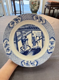 Two Chinese blue and white plates with figural design, Kangxi marks and of the period