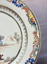 A fine pair of Chinese famille rose 'Autumn' plates with troubadours, Qianlong