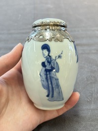 A Chinese blue and white Dutch silver-mounted tea caddy and cover, Kangxi