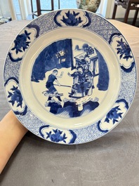 Two Chinese blue and white plates with figural design, Kangxi marks and of the period