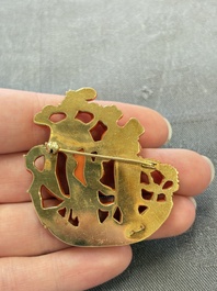 Two Chinese red coral 14kt gold-mounted brooches, 19/20th C.