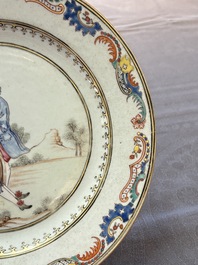 A fine pair of Chinese famille rose 'Autumn' plates with troubadours, Qianlong