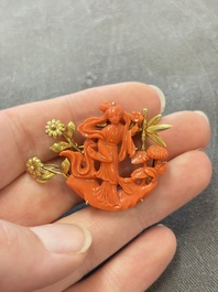 Two Chinese red coral 14kt gold-mounted brooches, 19/20th C.