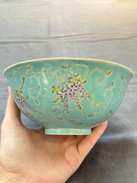 A Chinese turquoise-ground grisaille-decorated Dayazhai-style bowl and a libation cup, Yong Qing Chang Chun 永慶長春 mark, 19th C.