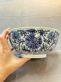 A Chinese blue and white 'lotus scroll' bowl, Xuande mark, Kangxi